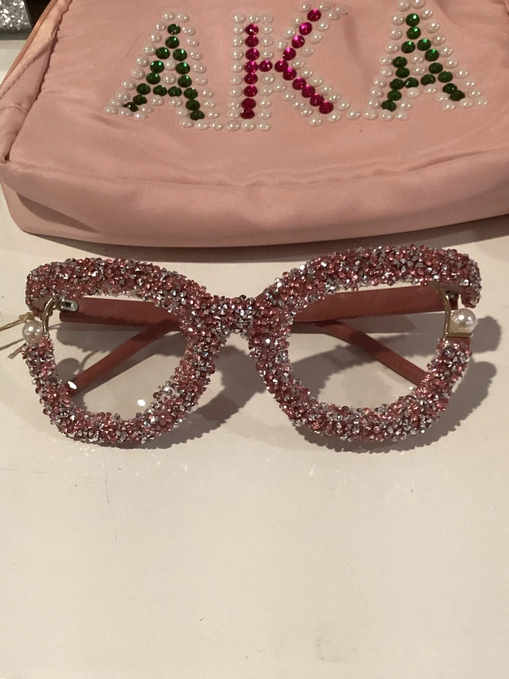 Crystal-Embellished Pink Sunglasses with Pearl Detail